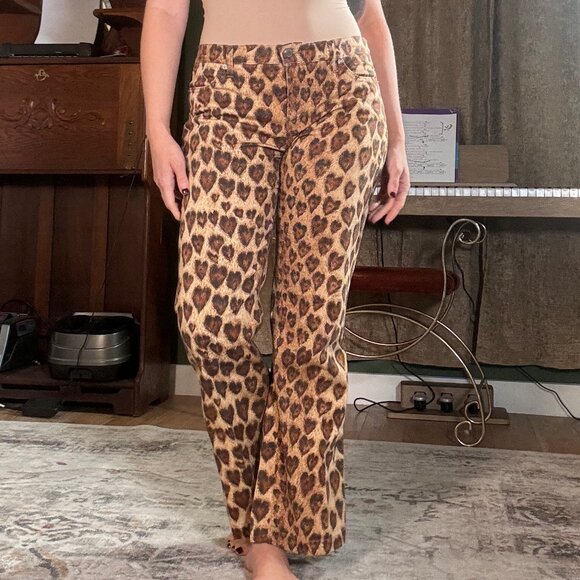 Vintage 2000s Moschino Leopard Print Heart Pants (Size 30) - Picture 1 of 4